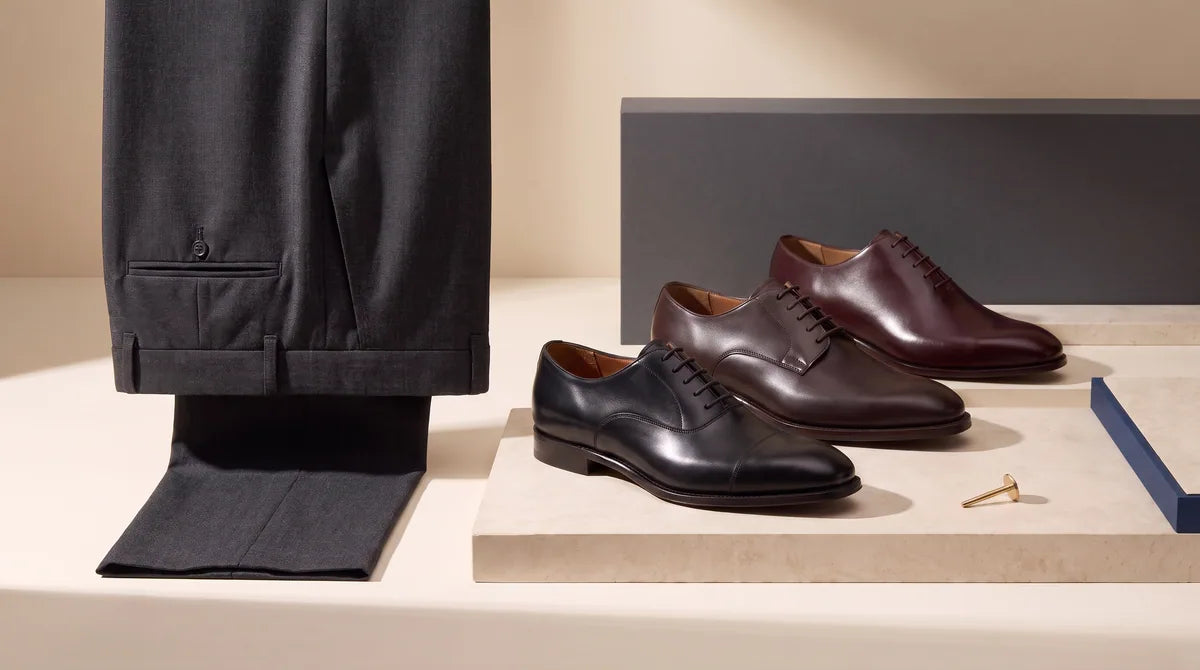 Charcoal tailoring with suggested footwear colors