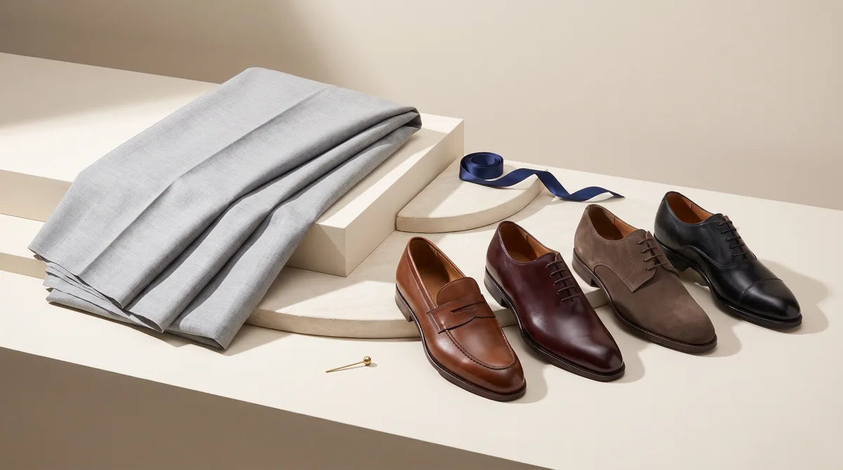 Light Grey tailoring with suggested footwear colors