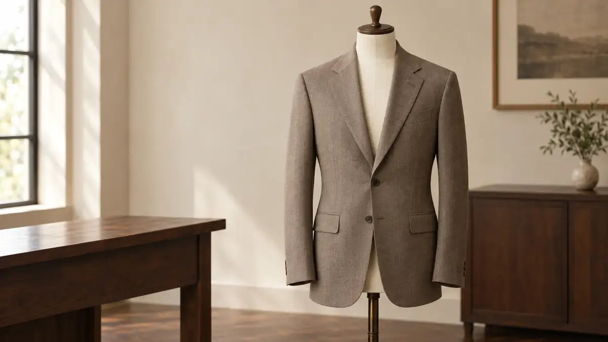 Taupe tailored jacket on a dress form in a warm tailoring studio